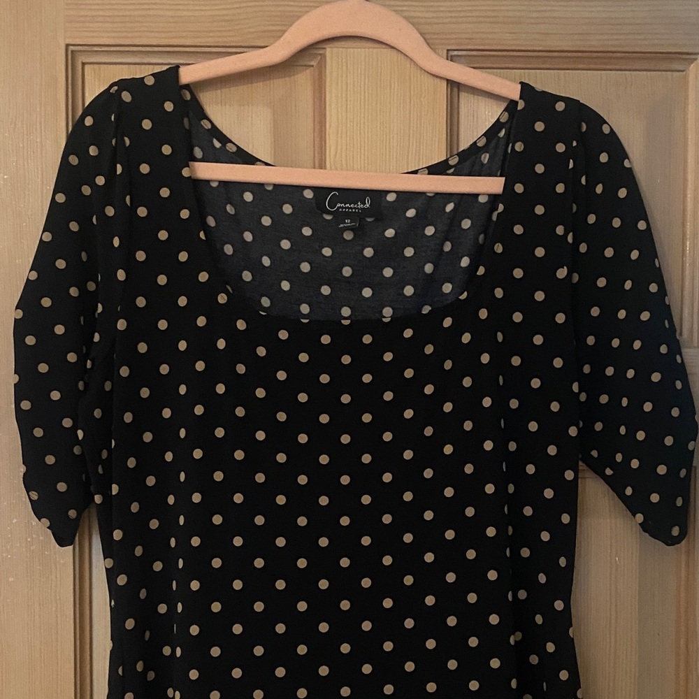 Connected Apparel Black and Tan Polka Dot Midi Dress